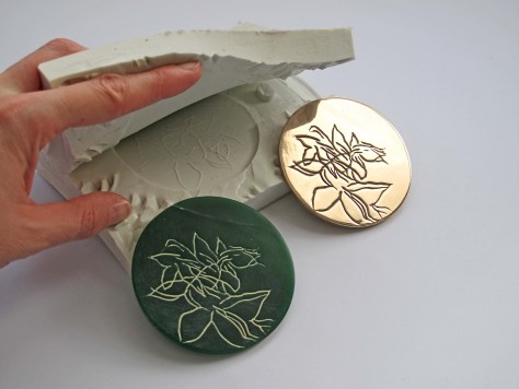 D’s memory of periwinkle flowers scribed into green casting wax by hand, produced as a rubber mould and then cast into bronze.